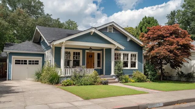 Charming blue craftsman bungalow with a white porch, garage, and a vibrant red maple tree in a suburban neighborhood