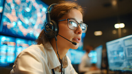 In the System Control Center Woman working in a Techical Support Team Gives Intructions with the Help ofthe Headsets. Possible AirTraffic/ Power Plant/ Secuity Room Theme.