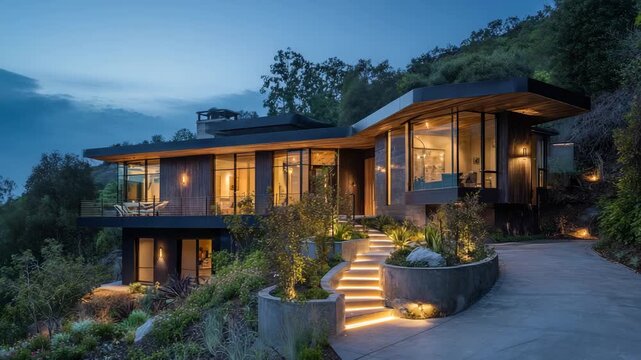 Modern luxury house on a hill at dusk with illuminated interior and exterior lighting, showcasing architectural design