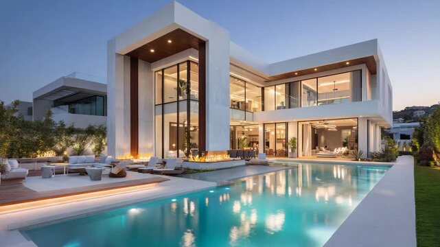 Modern luxury villa with swimming pool and outdoor seating area at dusk, showcasing contemporary architecture and elegant lighting