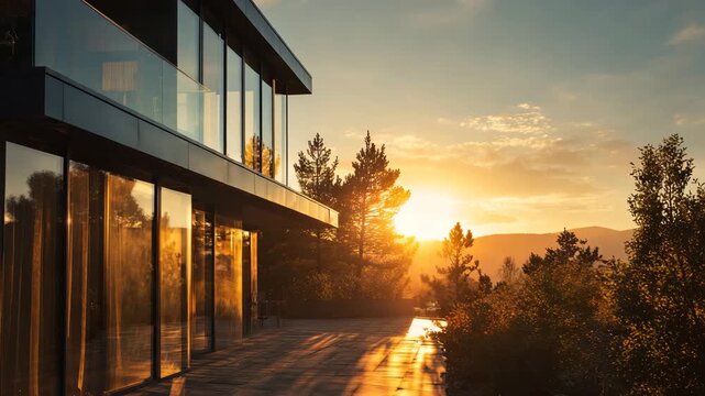 Modern glass house exterior overlooking a forest during a vibrant sunset, with warm light reflecting on the facade