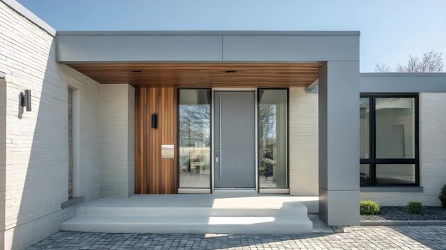 Contemporary home entrance with a minimalist facade, featuring a wooden door, glass panels, and clean architectural lines