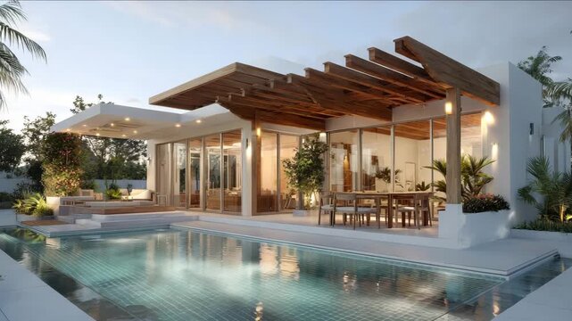 Tropical modern house with a large swimming pool and wooden pergola, featuring openplan living and lush greenery