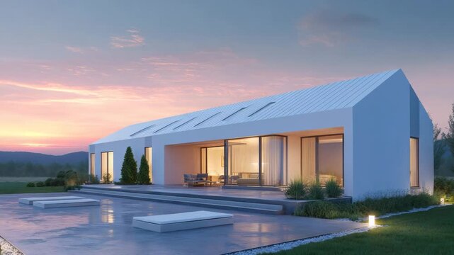 Modern minimalist white house with a pitched roof and large glass windows, set against a beautiful sunset sky