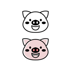 Cute Cartoon Pig Face Vector Illustration Black and White and Color