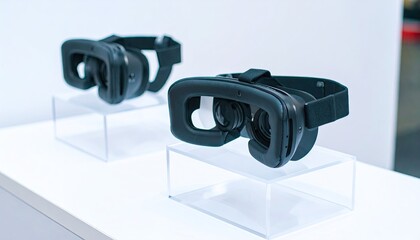 Two Black Virtual Reality Headsets Displayed On Clear Acrylic Risers Against White Background