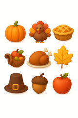 A grid of nine cute 3D icons representing Thanksgiving, including a pumpkin, turkey, pie, cornucopia, roasted chicken, autumn leaf, pilgrim hat, acorn, and apple.
