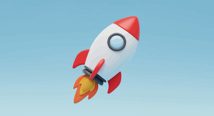 3D Rendered Rocket Launching with Flames on a Sky Blue Gradient Background