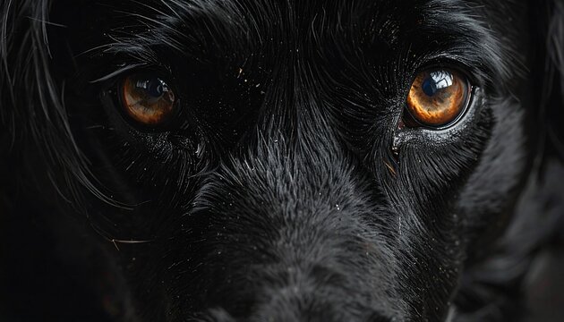 Close-up of a black dog's face, highlighting intense amber eyes - Powered by Adobe