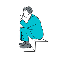 椅子に座り考え込むスーツ姿の男性を描いたベクターイラスト｜ビジネスシーンでの思考や判断を表現したシンプルで分かりやすい人物素材