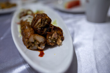 Delicious Pan-Fried Stuffed Rolls Served on a White Plate with Sauce Drizzle