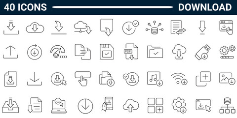 Download line editable icon set. Containing upload, document, link, download file, folder, data and more. Vector Illustration