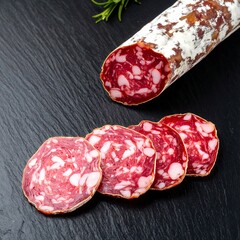 Sliced cured sausage on dark stone