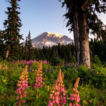 Mountain meadow in bloom at dawn