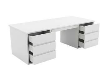 Modern minimalist white desk with open drawers for home office or creative workspace setup