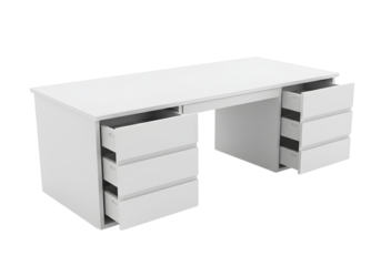 Modern minimalist white desk with open drawers for home office or creative workspace setup