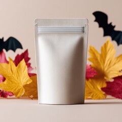 Halloween Packaging Design Mockup, matte white zip pouch placed upright in clean soft-toned background with decorative paper bats and autumn leaves showcasing festive seasonal branding snack packaging