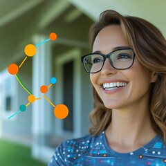 A woman with a happy expression, wearing glasses,  and looking thoughtfully outward, with colorful abstract graphic elements superimposed