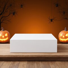 Halloween Packaging Design Mockup, blank rectangular product box on rustic wooden surface surrounded by glowing jack-o-lanterns and cartoon spiders, showcasing spooky holiday display seasonal branding