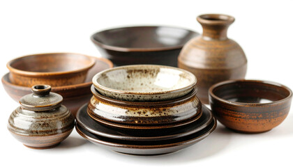 A still life of various handmade ceramic bowls, plates, and jars, showcasing a range of earthy tones, textures, and traditional pottery designs.