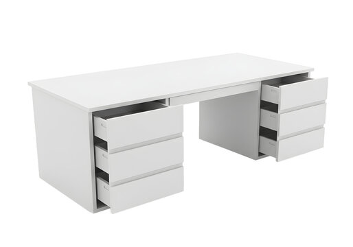 Modern minimalist white desk with open drawers for home office or creative workspace setup