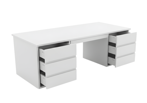 Modern minimalist white desk with open drawers for home office or creative workspace setup