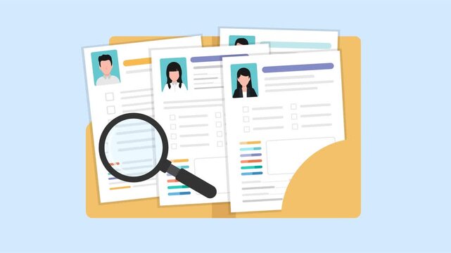 Animation of a CV resume document in an open folder with a magnifying glass inspecting the information on the paper.