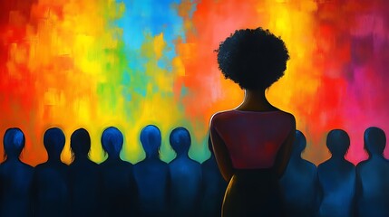 A woman with afro stands before a crowd, vibrant colors