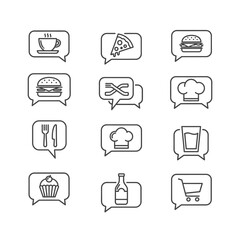 Collection of minimalist line icons for food, drinks, and dining, presented within speech bubbles on a white background.