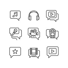 A collection of media and entertainment line icons, including music, video, cinema, and communication symbols within speech bubbles.