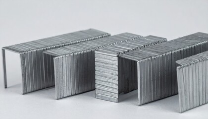 Silver Metal Staples in a Row on White Background