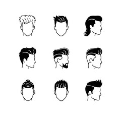 A collection of various modern men's hairstyles and haircuts, illustrated as simple black and white line art icons.