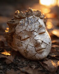 Subtle Haunted Vibes Before Halloween Night, cracked ceramic statue head resting on forest floor with dry autumn leaves, symbolic decay and melancholic stillness captured in soft candlelight
