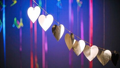 Silver Metallic Hearts Hanging Decor on Colorful Gradient Background