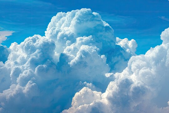 Fluffy cumulus clouds fill a vibrant blue sky