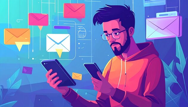 A smartphone displaying a secure email icon, surrounded by various envelopes, coins, and abstract elements. This represents secure mobile communication, digital finance, and online privacy