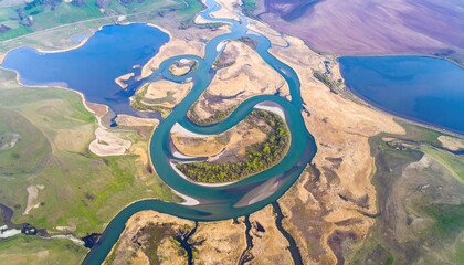 Aerial View of Braided River with Oxbow Lakes