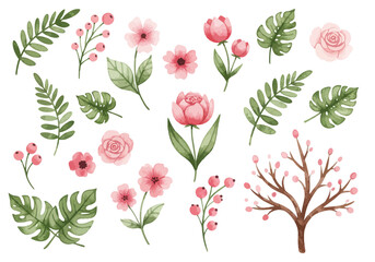 A collection of beautiful watercolor floral and botanical elements in soft pink and green tones. This set includes roses, blossoms, leaves, and berries.