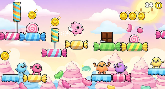A candy themed platform game with cute characters and colorful sweets in a bright setting