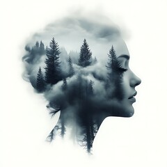 A woman's profile, her head filled with a misty forest scene