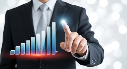Businessman touching glowing upward bar chart for success