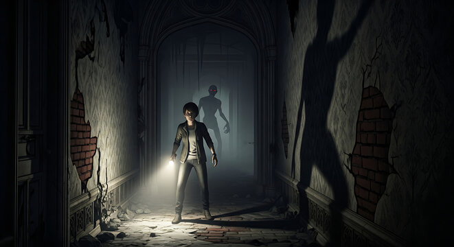 A woman with a flashlight in a dark hallway with a monster shadow and damaged walls in a scary scene