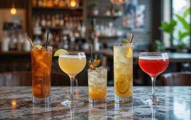 A collection of five colorful cocktails displayed on a marble bar, showcasing a variety of ingredients and garnishes in a stylish setting.