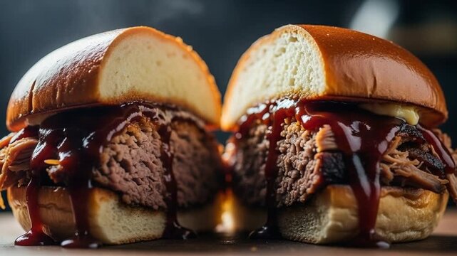 Delicious pulled meat sandwiches with barbecue sauce on a wooden surface for restaurant menus and catering services, showcasing culinary delights