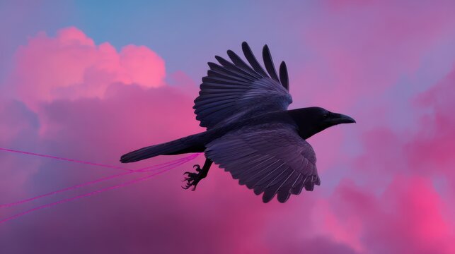 A black bird gracefully soars through vibrant pink clouds, showcasing its wings with a mystical and dreamlike ambiance.