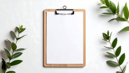 A wooden clipboard with blank white paper, surrounded by small green leaves on a white background