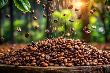 Obraz premium Aromatic coffee beans cascading onto a pile of roasted coffee beans
