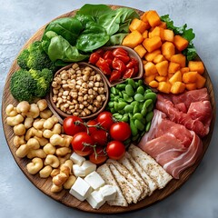 A wooden platter filled with a variety of colorful foods.  Greens,  vegetables,  protein,  and grains are presented in a circular arrangement