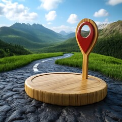 A wooden map marker atop a circular wooden base, set on a winding road amidst a lush mountain landscape.  A red pin indicates a location in a scenic outdoor setting