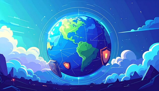 An isometric illustration of a global cybersecurity network with a central earth and two large, glowing shields on either side, representing worldwide data protection 